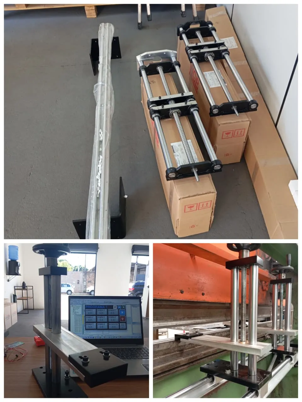 Montagem de automação industrial com inversor, painel elétrico e equipamento mecânico