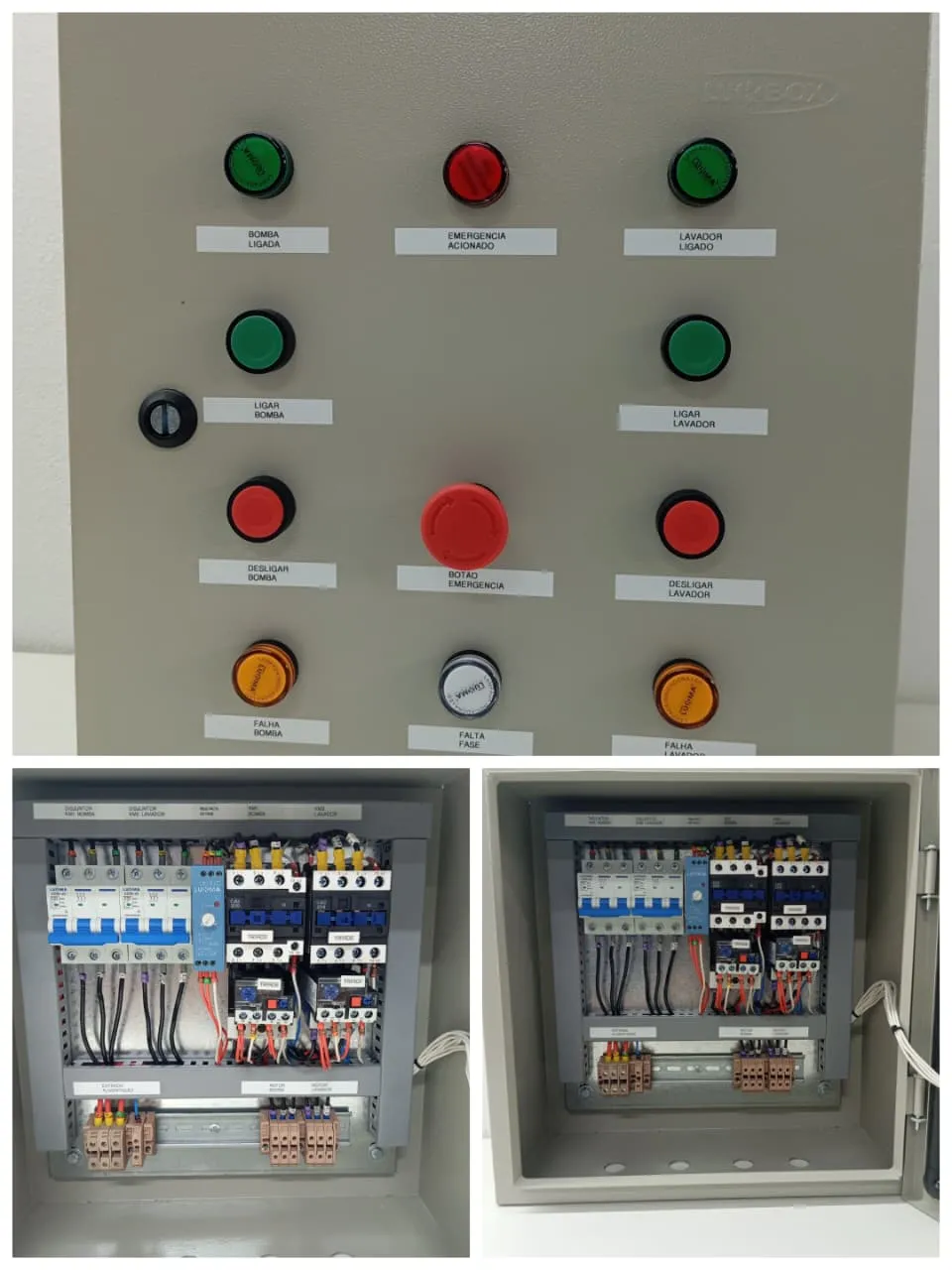 Detalhe de placa eletrônica industrial com componentes e cabeamento