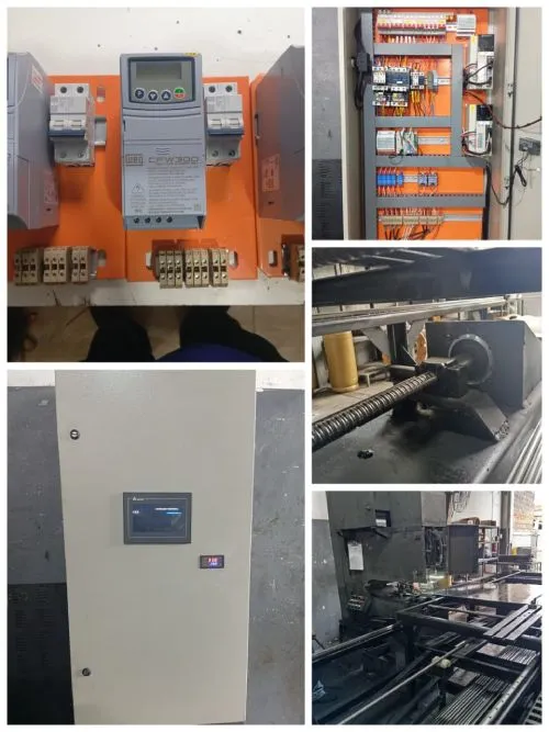 Montagem de automação industrial com inversor, painel elétrico e equipamento mecânico
